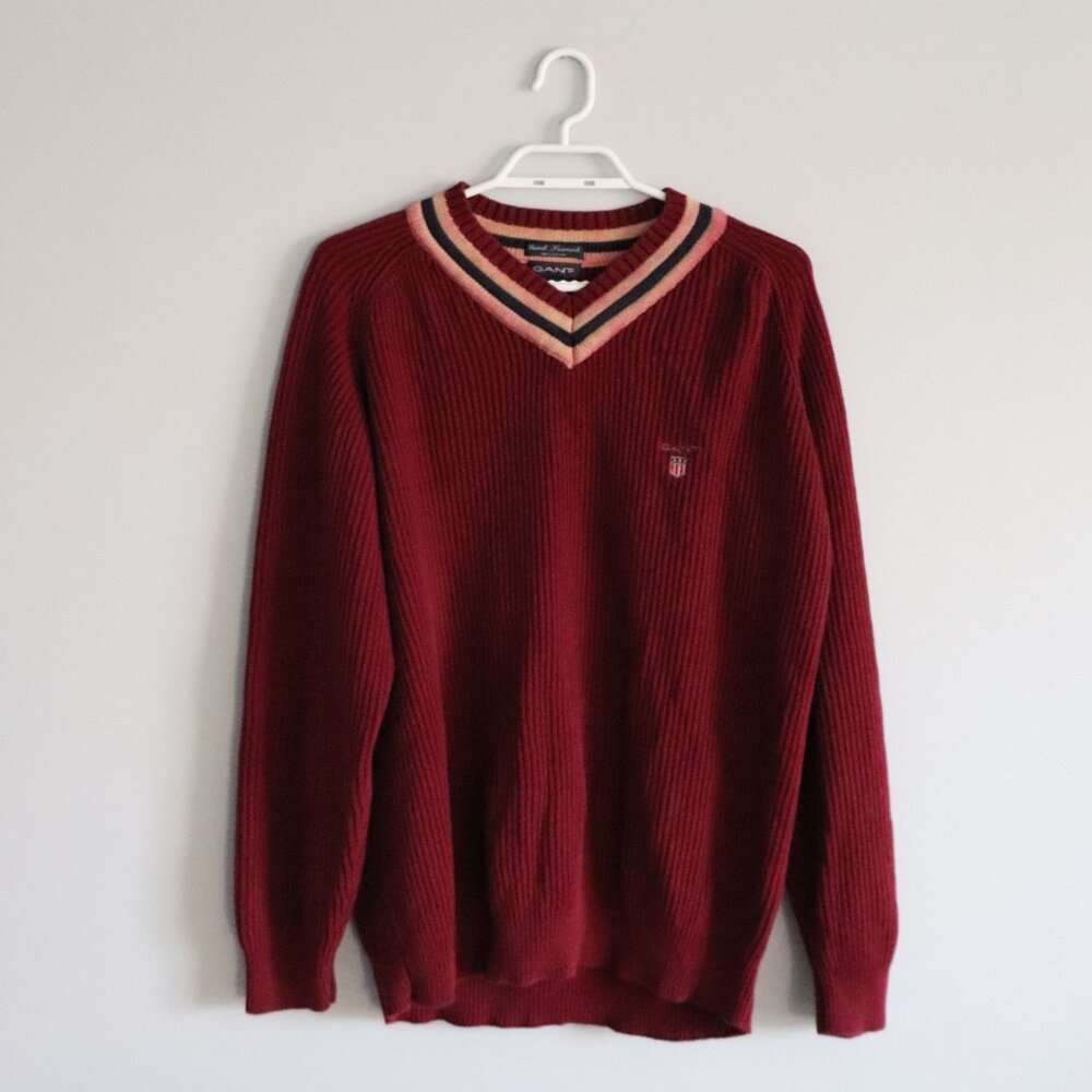 Gant Mens Red Sz XL V-Neck Ribbed Comfy‎ Cotton Pullover Long Sleeve Sweater